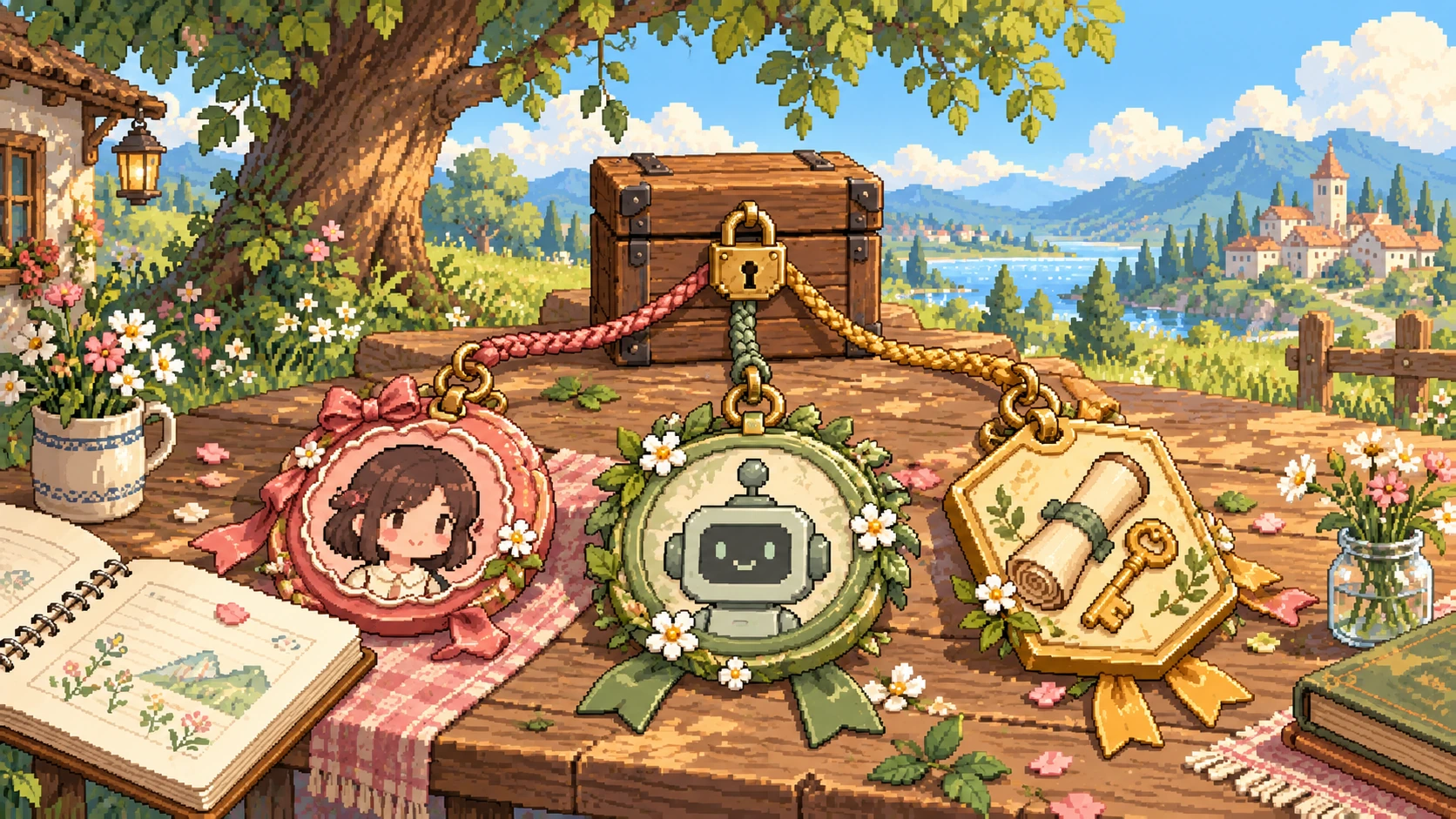 Pixel art of distinct human, agent, and task identity badges connected to a locked tool chest.