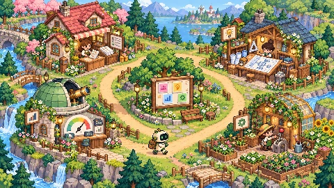 Pixel art of a meadow village connecting intake, design, measurement, and operations stations.