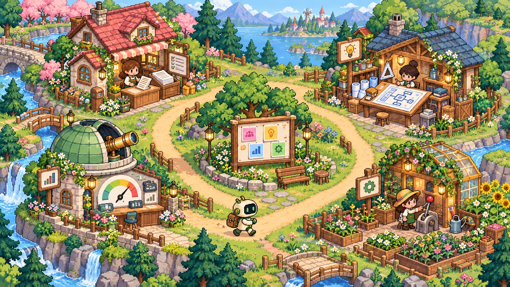 Pixel art of a meadow village connecting intake, design, measurement, and operations stations.