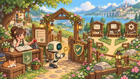 Pixel art of a robot passing a garden permission checkpoint, with human review and tool stations.