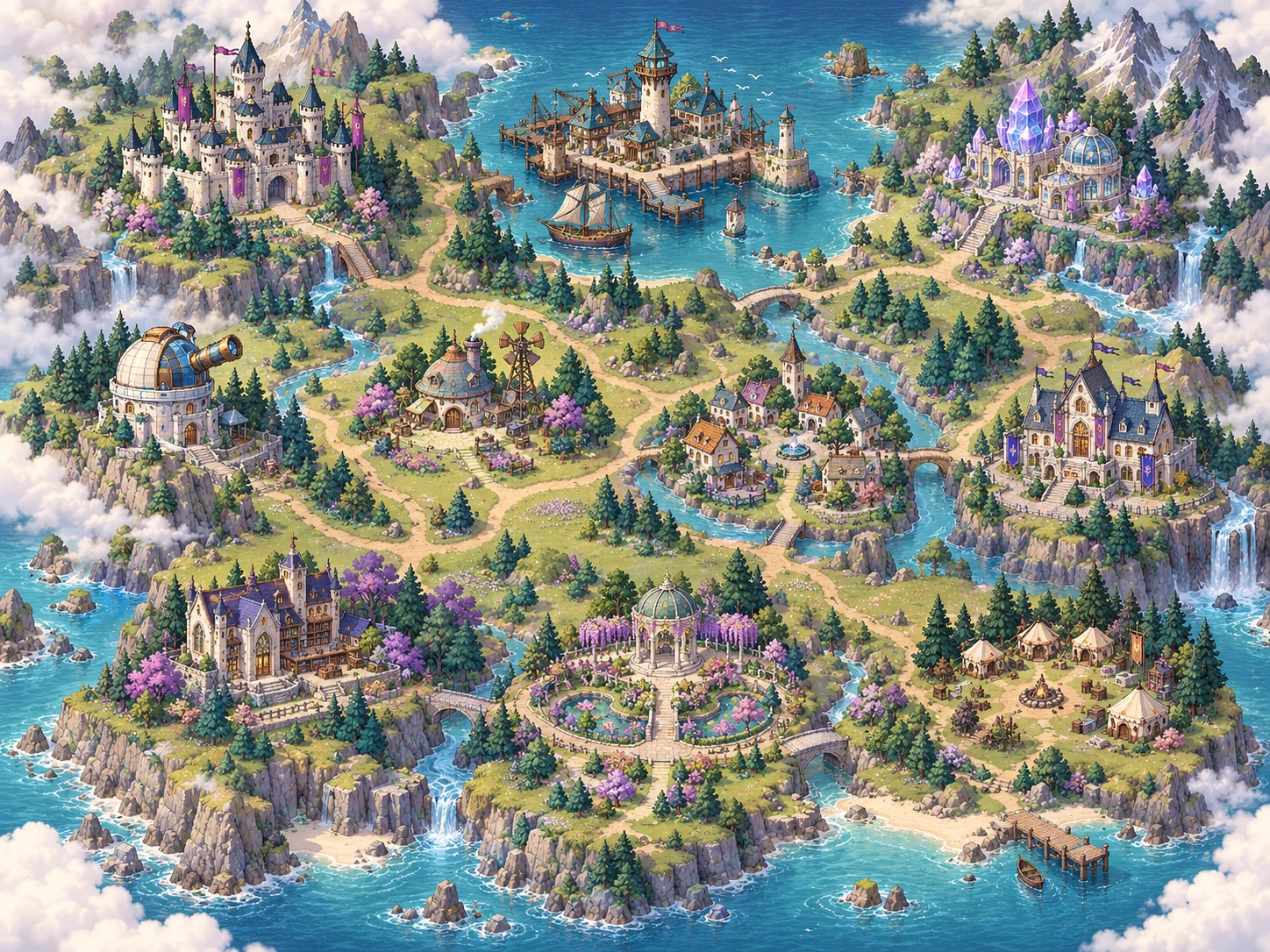 A dreamy pixel world with paths connecting a castle, harbor, workshops, observatory, village, guild, library, garden and camp.