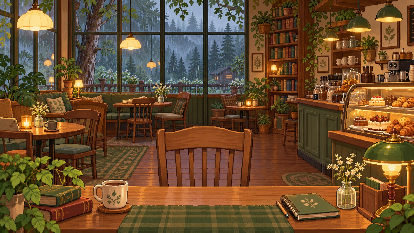 A warm pixel café with woodland windows, books, plants and a quiet study desk.