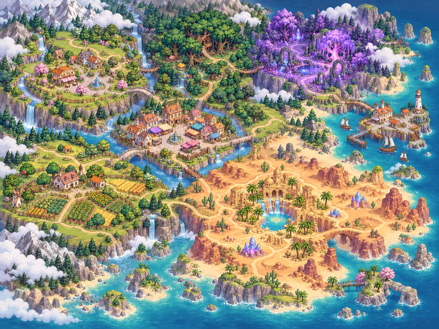 Pixel world with a meadow village, timber forest, magical secret forest, harbor, desert oasis, farm and market.